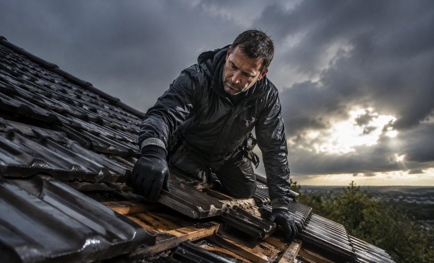 Roofer inspecting storm damage on a tiled roof after high winds