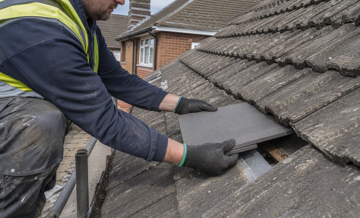 Roofer replacing a broken roof tile during a repair in Sussex