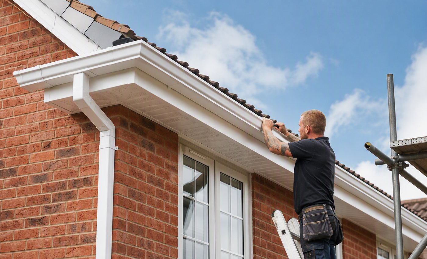 Roofer fitting new white fascias and guttering on a house in Kent